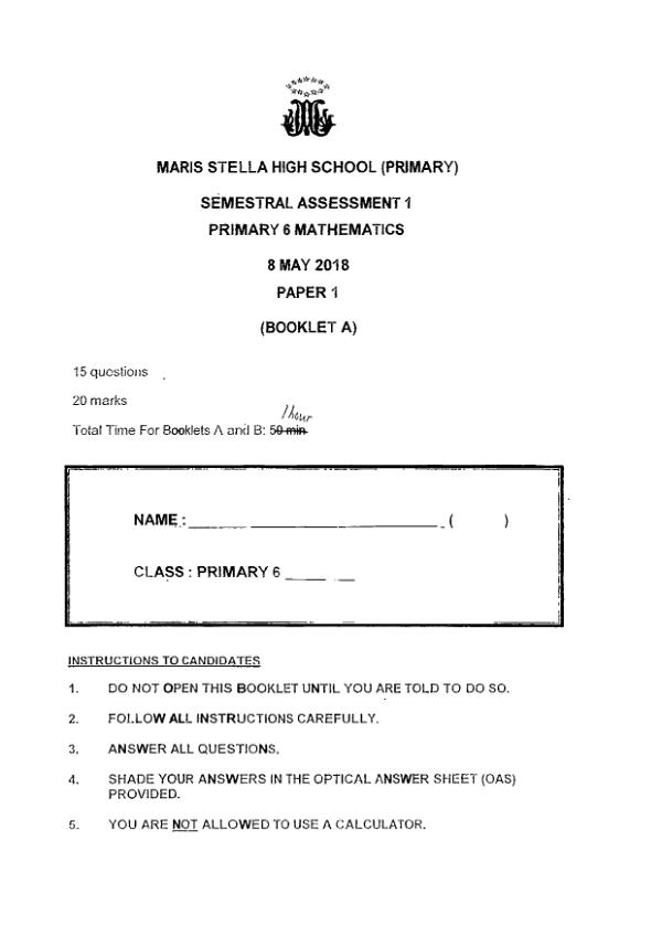 First page preview of P6 Math 2018 WA2 — Maris Stella High