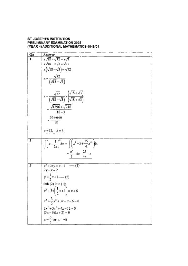 St Josephs Sec4 A_Maths Prelim 2025 exam paper PDF preview