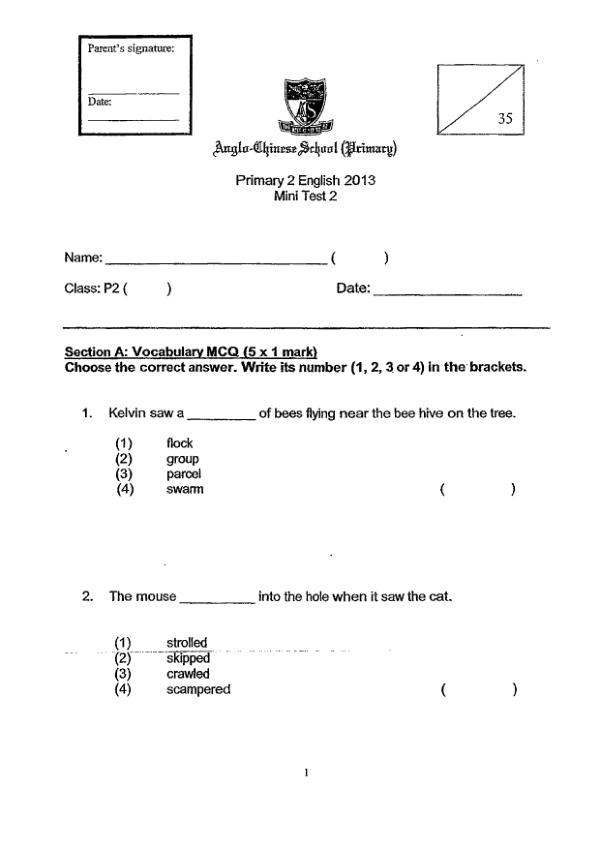 Anglo Chinese P2 Eng WA2 2013 exam paper PDF first page preview