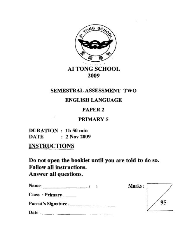 Ai Tong P5 Eng SA2 2009 exam paper PDF preview