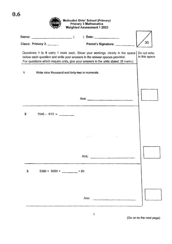 First page preview of P3 Math 2023 WA1 — Methodist Girls