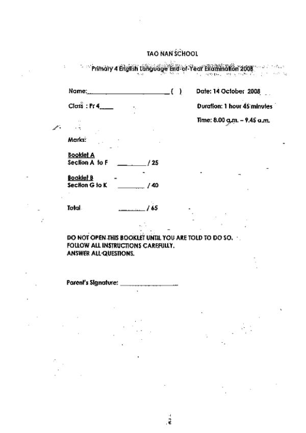 Tao Nan P4 Eng SA2 2008 exam paper PDF first page preview