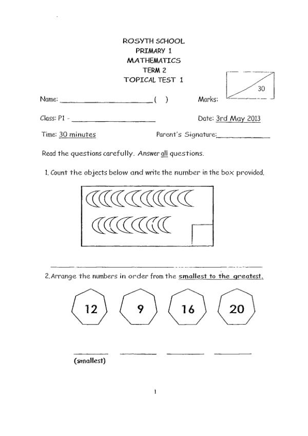 Rosyth P1 Math WA2 2013 exam paper PDF preview