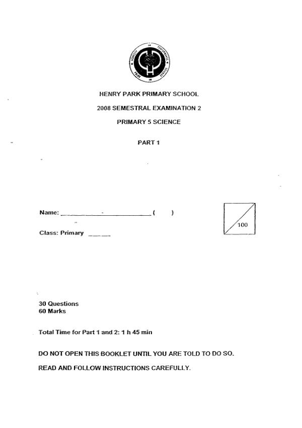 Henry Park P5 Sci SA2 2008 exam paper PDF preview