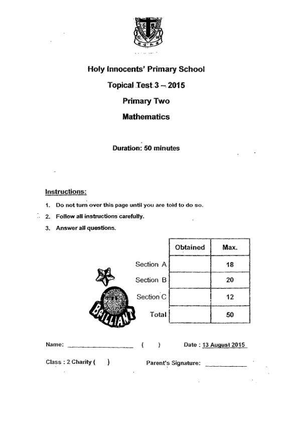 First page preview of P2 Math 2015 WA3 — Holy Innocents