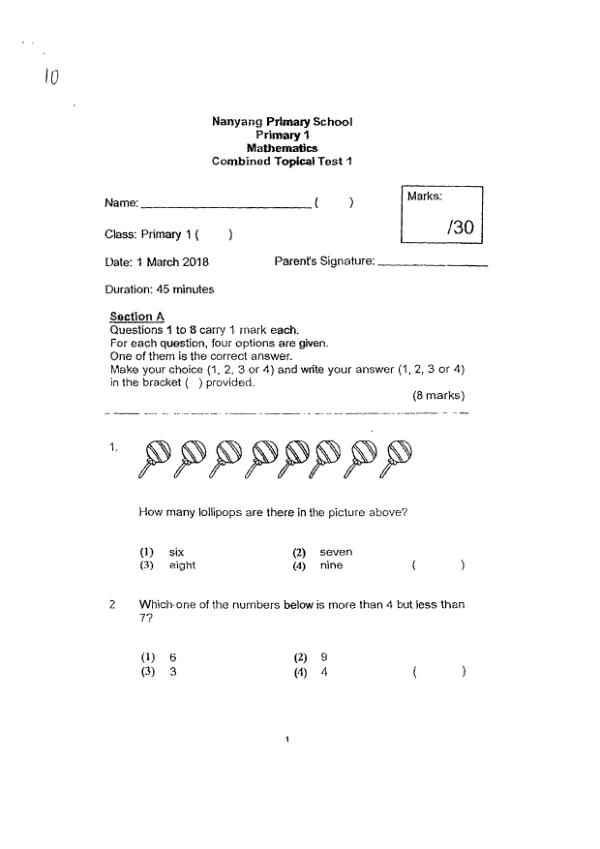 First page preview of P1 Math 2018 WA2 — Nanyang
