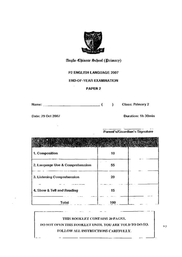Anglo Chinese P2 Eng SA2 2007 exam paper PDF preview