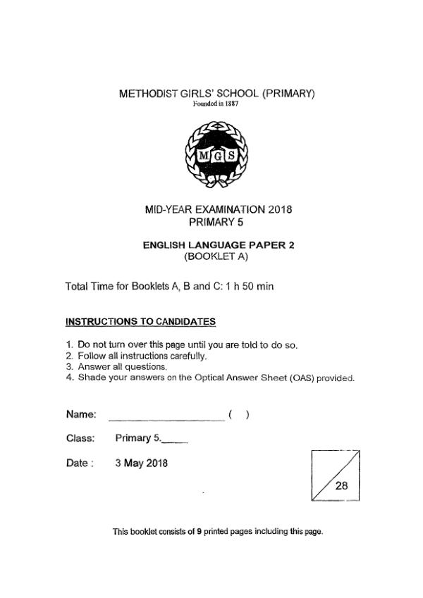 Methodist Girls P5 Eng WA2 2018 exam paper PDF first page preview