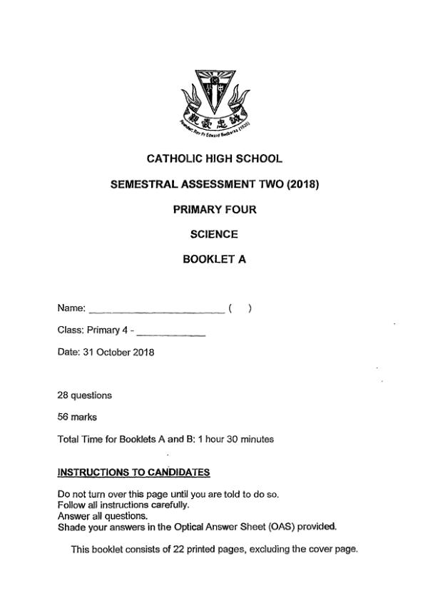 Catholic High P4 Sci SA2 2018 exam paper PDF first page preview