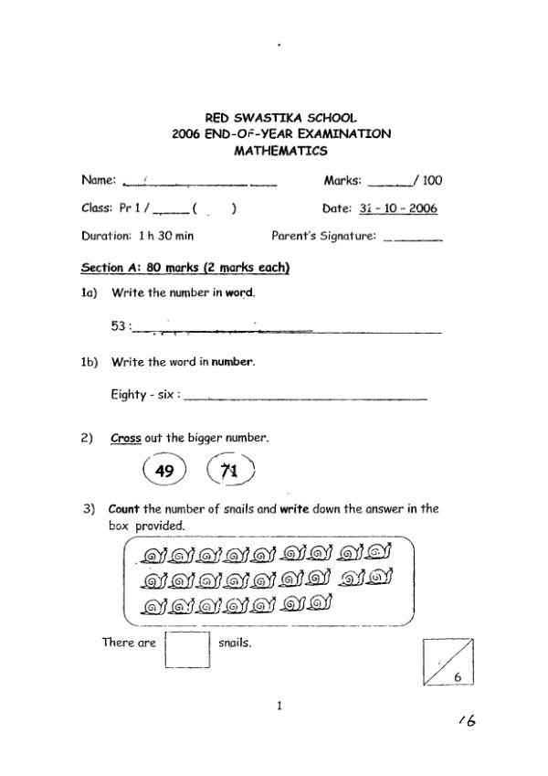 Red Swastika P1 Math SA2 2006 exam paper PDF first page preview