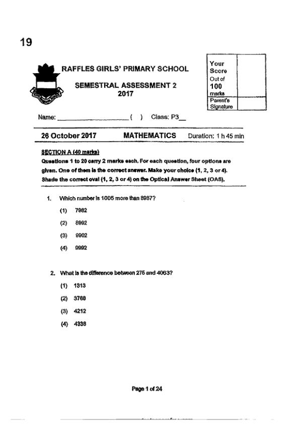 First page preview of P3 Math 2017 SA2 — Raffles Girls