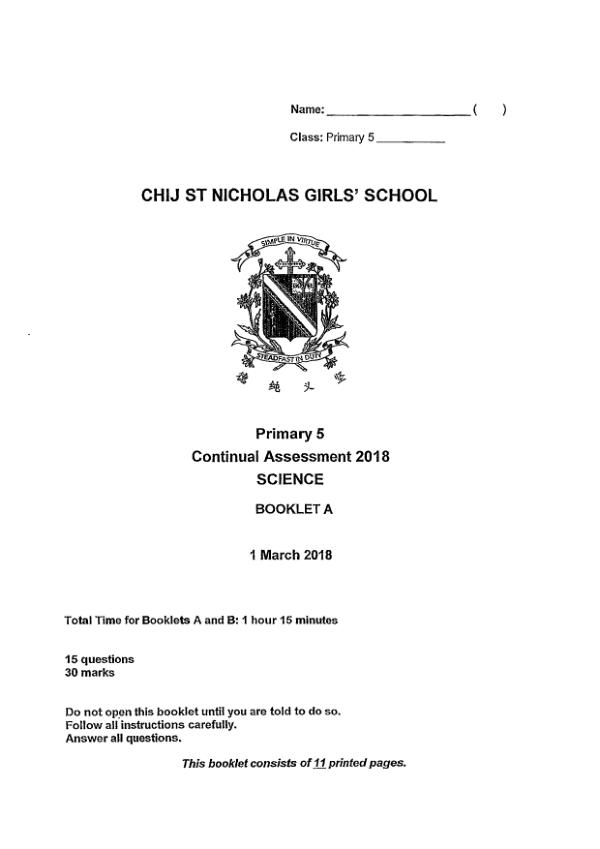 CHIJ P5 Sci WA1 2018 exam paper PDF first page preview