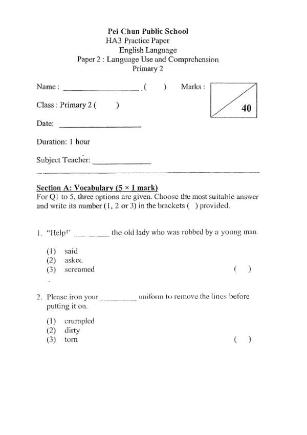 Pei Chun P2 Eng SA2 2019 exam paper PDF preview