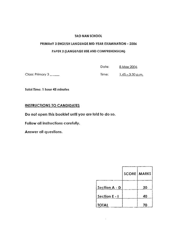 Tao Nan P3 Eng WA2 2006 exam paper PDF preview