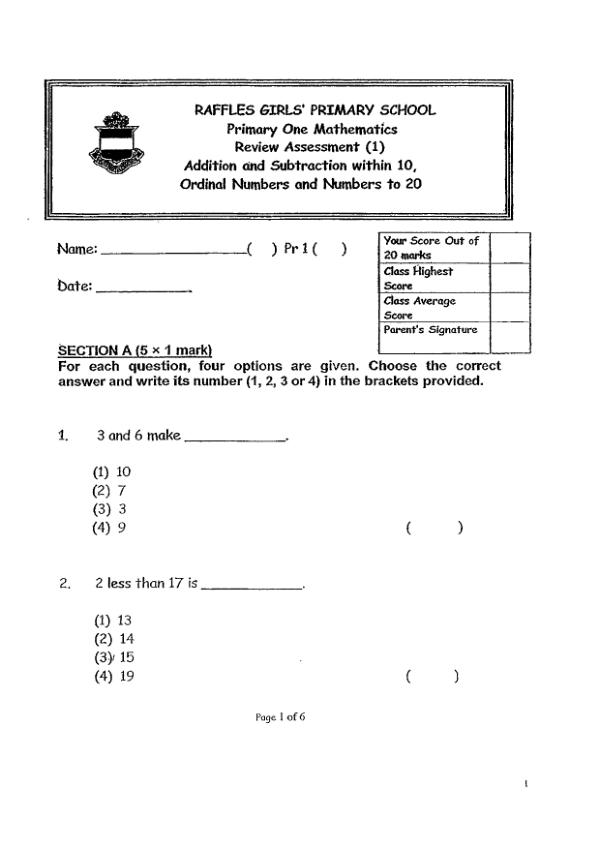 Raffles Girls P1 Math WA2 2012 exam paper PDF first page preview