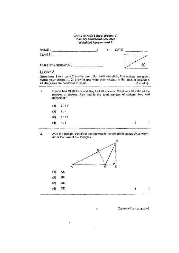 First page preview of P5 Math 2024 WA2 — Catholic High