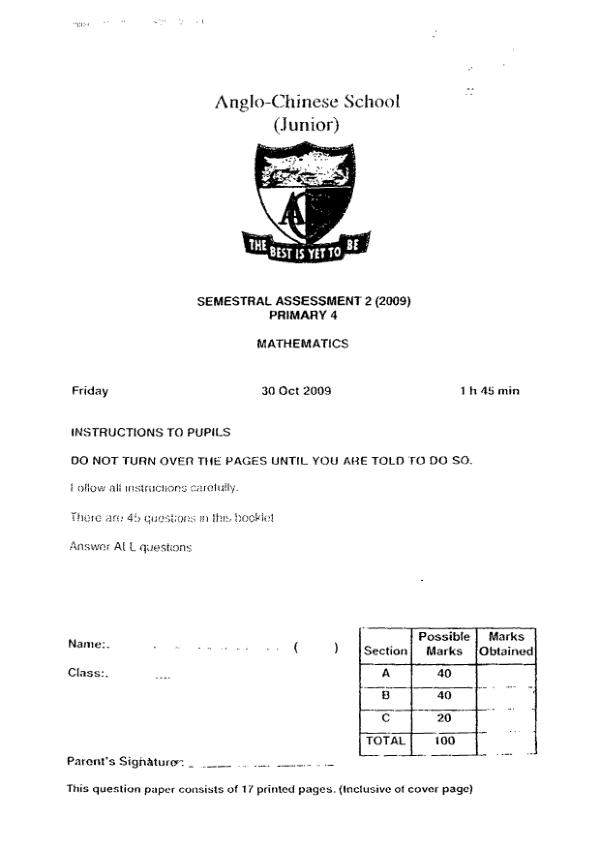 Anglo Chinese P4 Math SA2 2009 exam paper PDF preview
