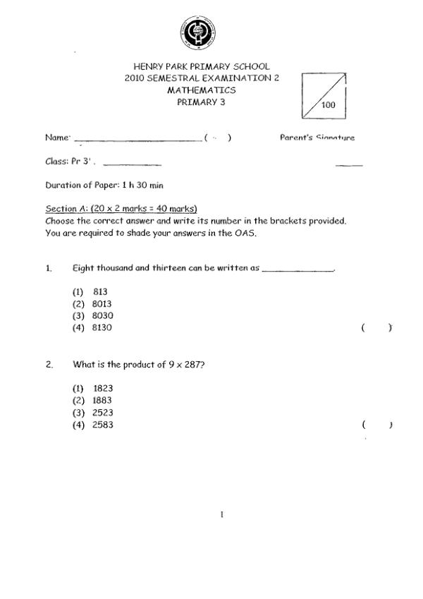 Henry Park P3 Math SA2 2010 exam paper PDF preview
