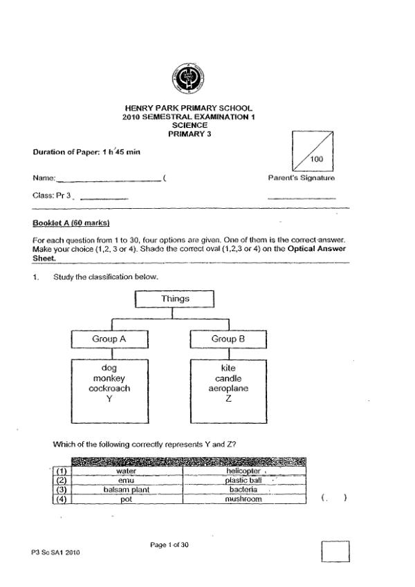 Henry Park P3 Sci WA2 2010 exam paper PDF preview