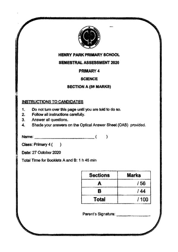 Henry Park P4 Sci SA2 2020 exam paper PDF first page preview