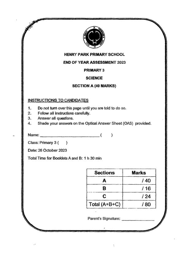 Henry Park P3 Sci SA2 2023 exam paper PDF first page preview