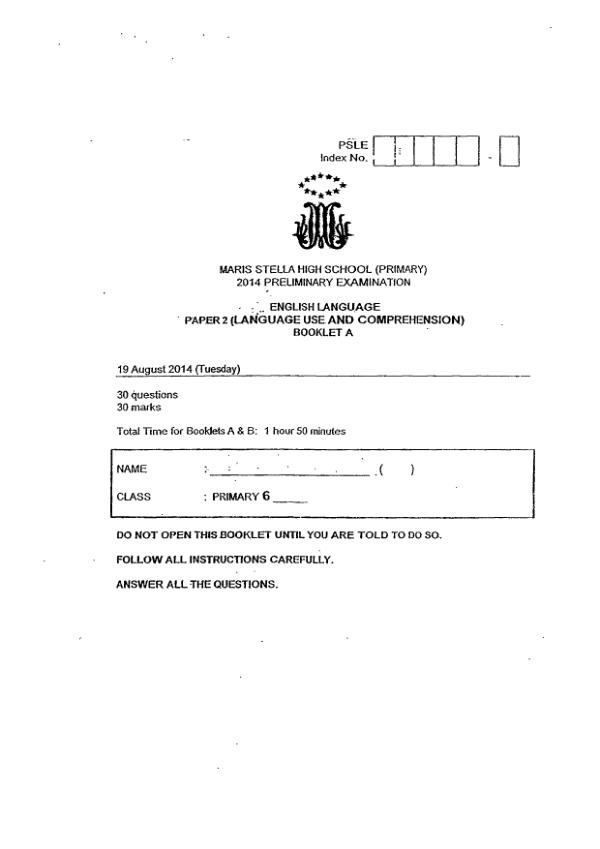 Maris Stella High P6 Eng SA2 2014 exam paper PDF first page preview