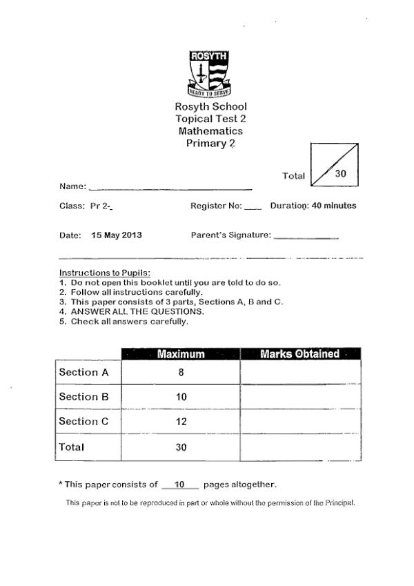 Rosyth P2 Math WA1 2013 exam paper PDF first page preview