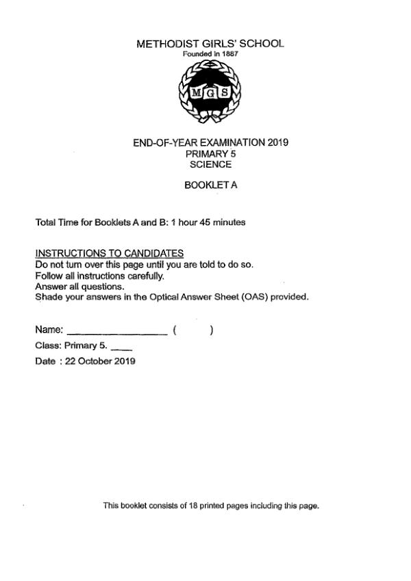 Methodist Girls P5 Sci SA2 2019 exam paper PDF first page preview