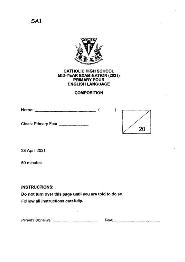 Catholic High P4 Eng WA2 2021 exam paper PDF first page preview