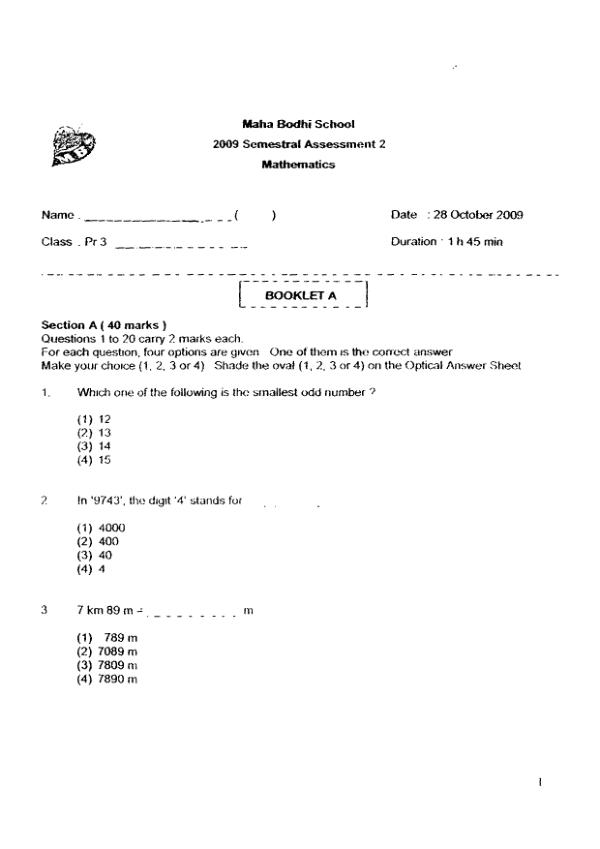 Maha Bodhi P3 Math SA2 2009 exam paper PDF preview