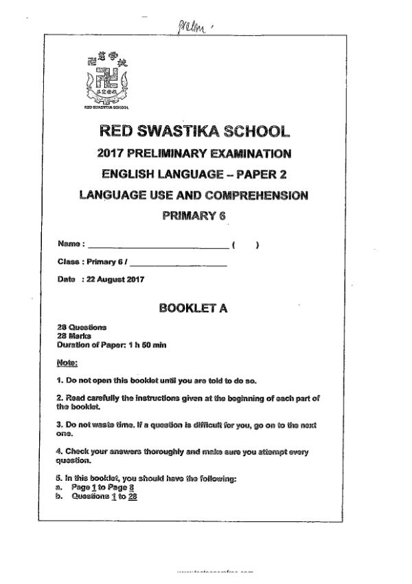 Red Swastika P6 Eng SA2 2017 exam paper PDF preview