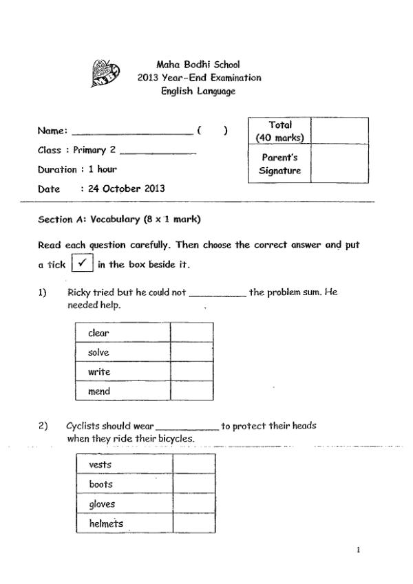 Maha Bodhi P2 Eng SA2 2013 exam paper PDF first page preview