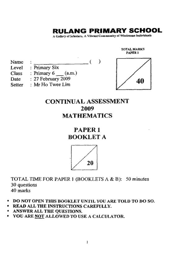 Rulang P6 Math WA1 2009 exam paper PDF preview
