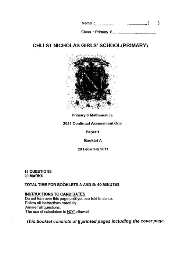 CHIJ P6 Math WA1 2011 exam paper PDF preview