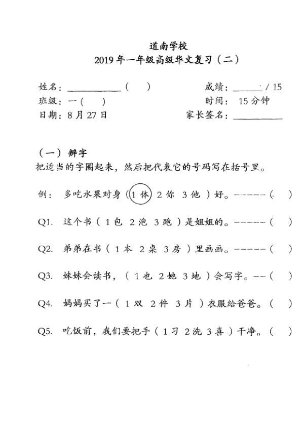 Tao Nan P1 Chi WA3 2019 exam paper PDF preview