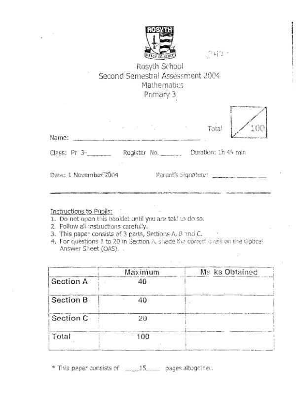Rosyth P3 Math SA2 2004 exam paper PDF first page preview