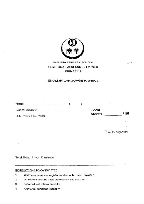 Nan Hua P2 Eng SA2 2008 exam paper PDF preview