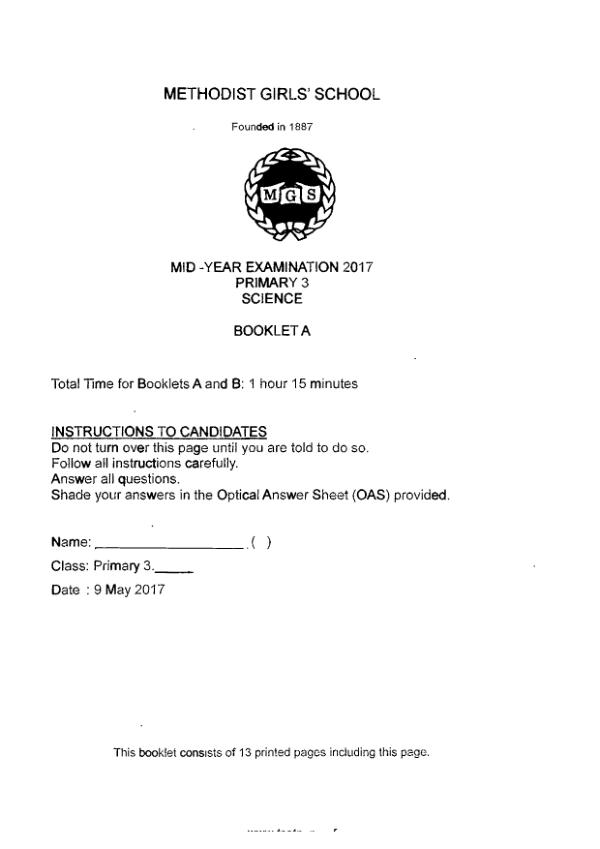 Methodist Girls P3 Sci WA2 2017 exam paper PDF first page preview
