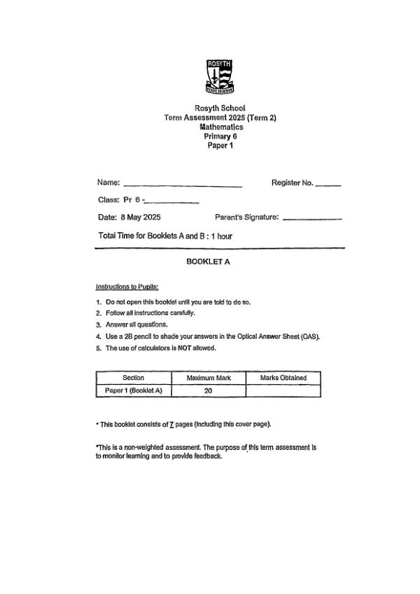 First page preview of P6 Math 2025 WA2 — Rosyth