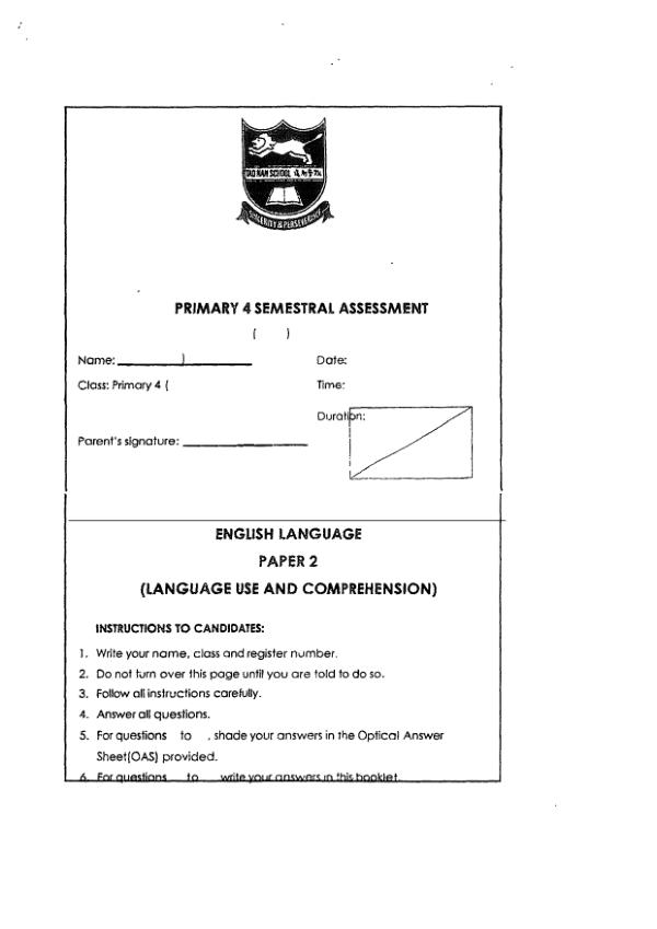 Tao Nan P4 Eng SA2 2021 exam paper PDF preview