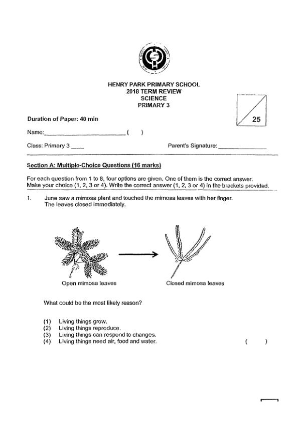 Henry Park P3 Sci WA3 2018 exam paper PDF first page preview