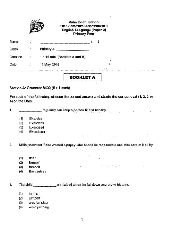 Maha Bodhi P4 Eng WA2 2015 exam paper PDF first page preview