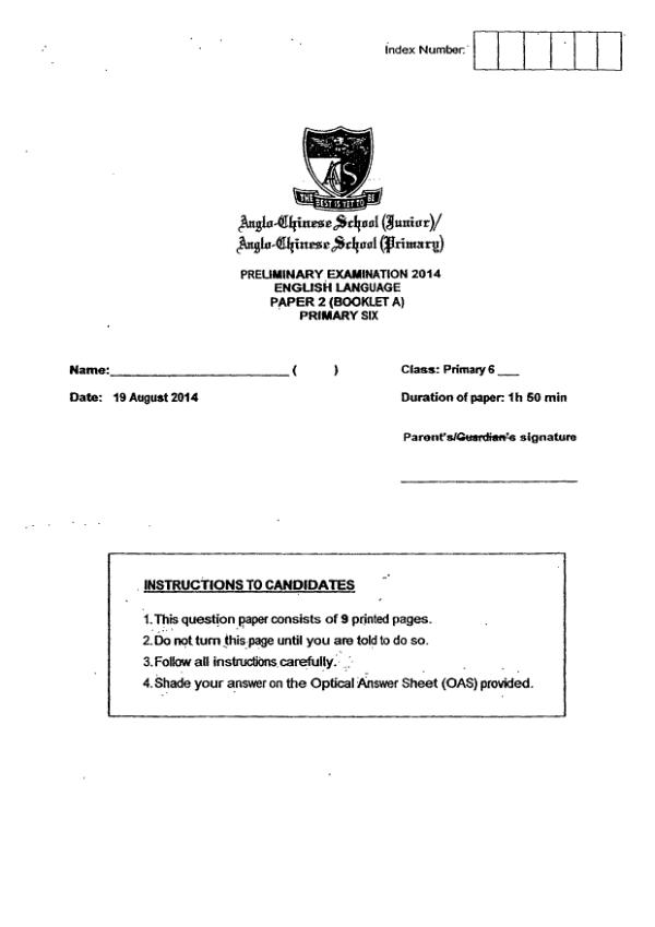 Anglo Chinese P6 Eng SA2 2014 exam paper PDF first page preview