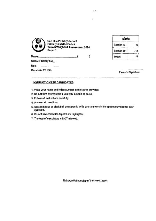 First page preview of P5 Math 2024 WA3 — Nan Hua