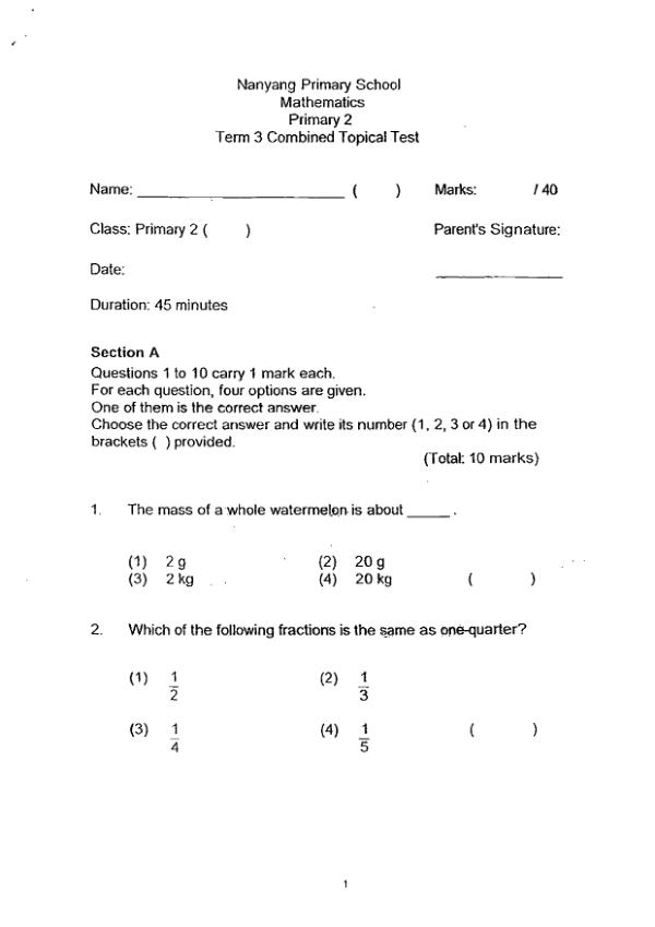 First page preview of P2 Math 2016 WA3 — Nanyang