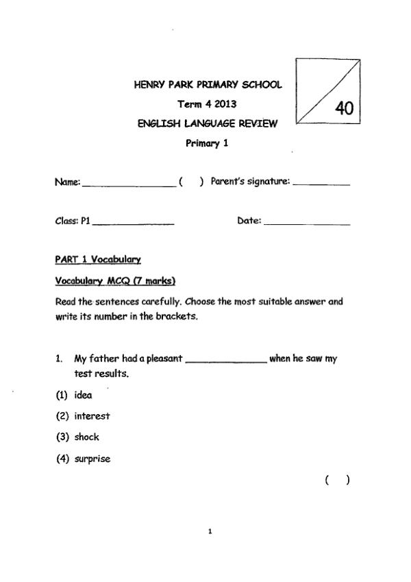 Henry Park P1 Eng SA2 2013 exam paper PDF preview