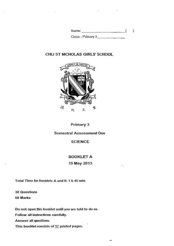 CHIJ P3 Sci WA2 2013 exam paper PDF preview