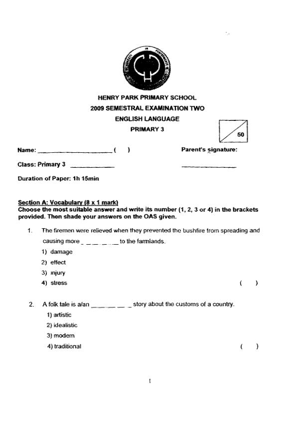 Henry Park P3 Eng SA2 2009 exam paper PDF first page preview