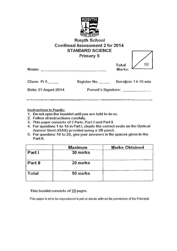 Rosyth P5 Sci WA3 2014 exam paper PDF preview