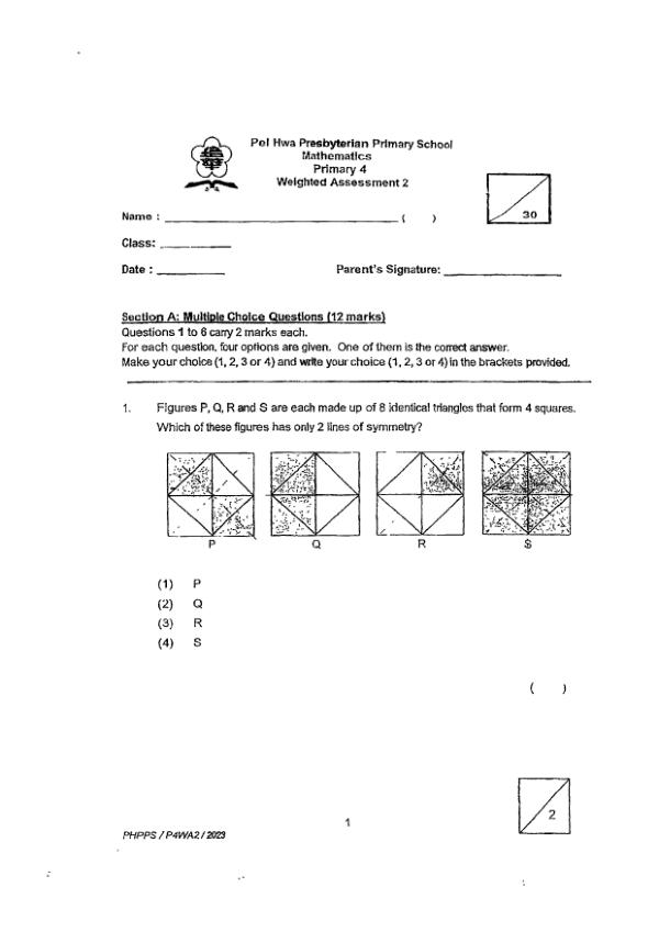 First page preview of P4 Math 2023 WA3 — Pei Hwa